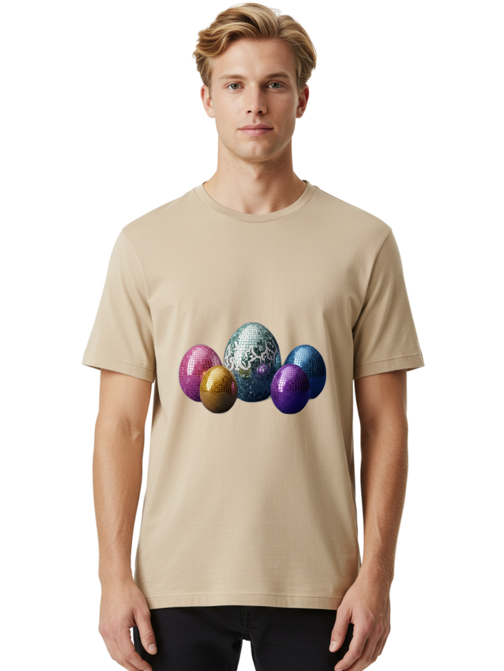 Disco-Eggs Men'S Graphic Tee, 100% Cotton, Comfortable Casual Summer Wear, Machine Washable, Disco Eggs, Mirrored Eggs, Colorful Eggs, Easter Eggs, Shiny Eggs, Festive Decoration, Party Accessories, Reflective Surfaces, Vibrant Colors, Baa452