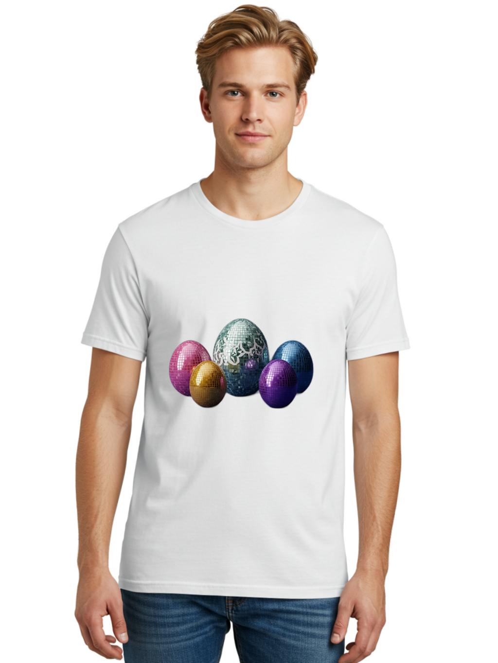 Disco-Eggs Men'S Graphic Tee, 100% Cotton, Comfortable Casual Summer Wear, Machine Washable, Disco Eggs, Mirrored Eggs, Colorful Eggs, Easter Eggs, Shiny Eggs, Festive Decoration, Party Accessories, Reflective Surfaces, Vibrant Colors, Baa452