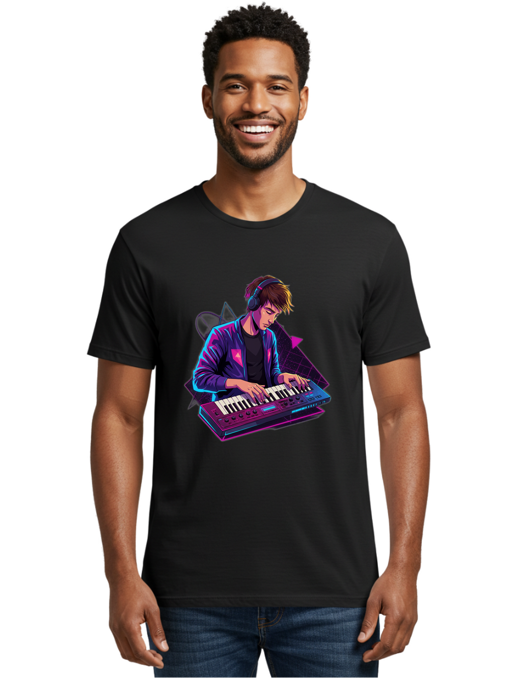 Dj-Playing-Keyboard Men'S Graphic Tee, 100% Cotton, Comfortable Casual Summer Wear, Machine Washable, Music Producer, Electronic Music, Synthesizer Keyboard, Futuristic Style, Neon Lights, Dj Equipment, Sound Production, Creative Art Baa454
