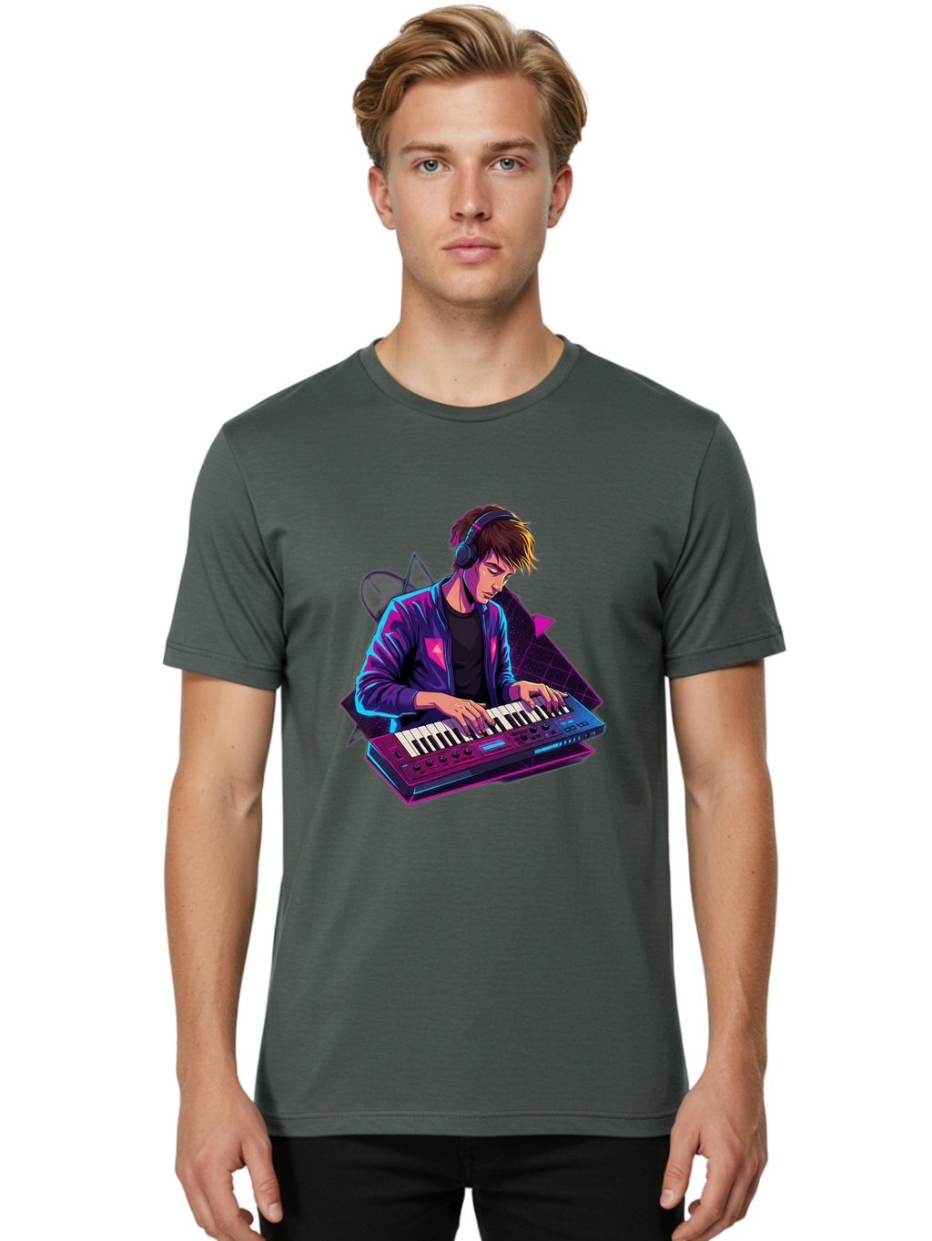 Dj-Playing-Keyboard Men'S Graphic Tee, 100% Cotton, Comfortable Casual Summer Wear, Machine Washable, Music Producer, Electronic Music, Synthesizer Keyboard, Futuristic Style, Neon Lights, Dj Equipment, Sound Production, Creative Art Baa454