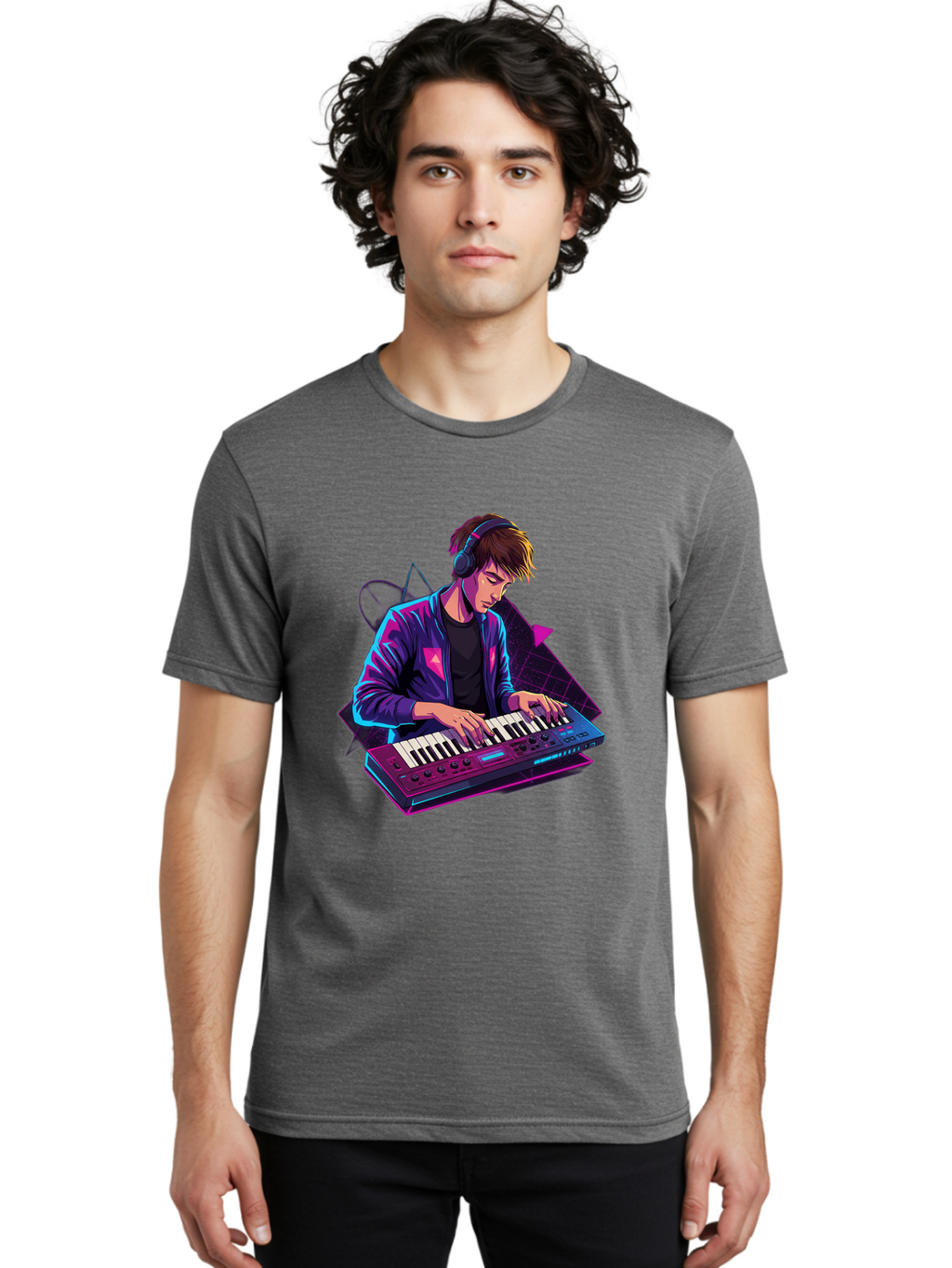 Dj-Playing-Keyboard Men'S Graphic Tee, 100% Cotton, Comfortable Casual Summer Wear, Machine Washable, Music Producer, Electronic Music, Synthesizer Keyboard, Futuristic Style, Neon Lights, Dj Equipment, Sound Production, Creative Art Baa454