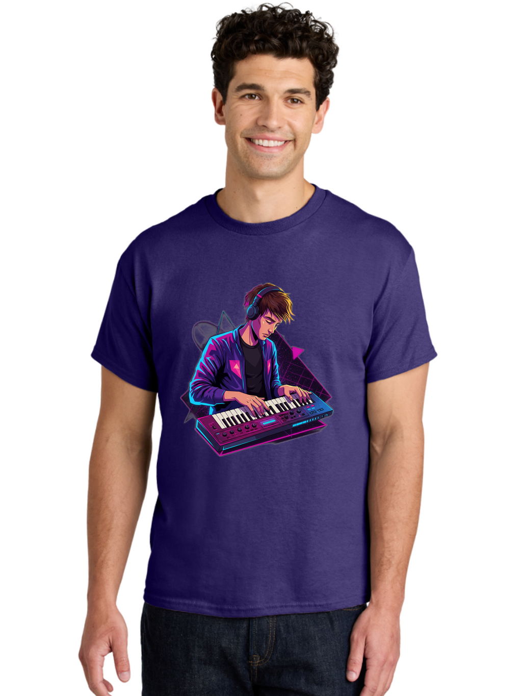 Dj-Playing-Keyboard Men'S Graphic Tee, 100% Cotton, Comfortable Casual Summer Wear, Machine Washable, Music Producer, Electronic Music, Synthesizer Keyboard, Futuristic Style, Neon Lights, Dj Equipment, Sound Production, Creative Art Baa454