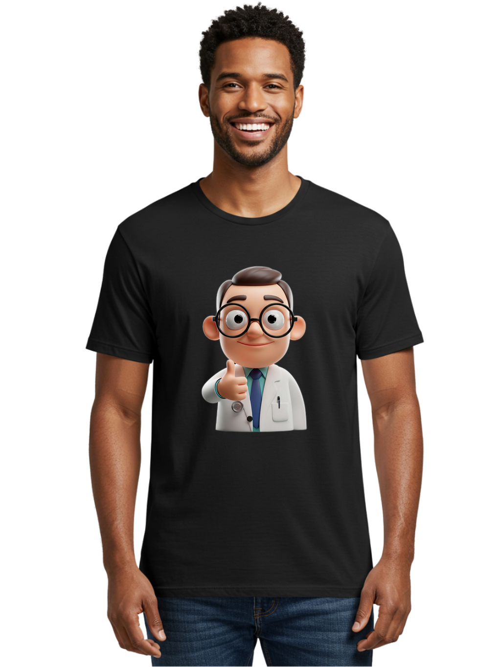 Doctor-1 Men'S Graphic Tee, 100% Cotton, Comfortable Casual Summer Wear, Machine Washable, 3D Cartoon Doctor, Thumbs Up Gesture, Eyeglasses, White Lab Coat, Blue Tie, Stethoscope, Confident Expression, Friendly Demeanor, Medical Professional, Baa455