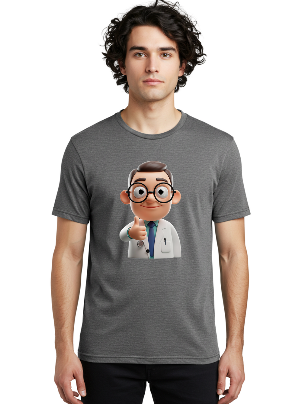 Doctor-1 Men'S Graphic Tee, 100% Cotton, Comfortable Casual Summer Wear, Machine Washable, 3D Cartoon Doctor, Thumbs Up Gesture, Eyeglasses, White Lab Coat, Blue Tie, Stethoscope, Confident Expression, Friendly Demeanor, Medical Professional, Baa455