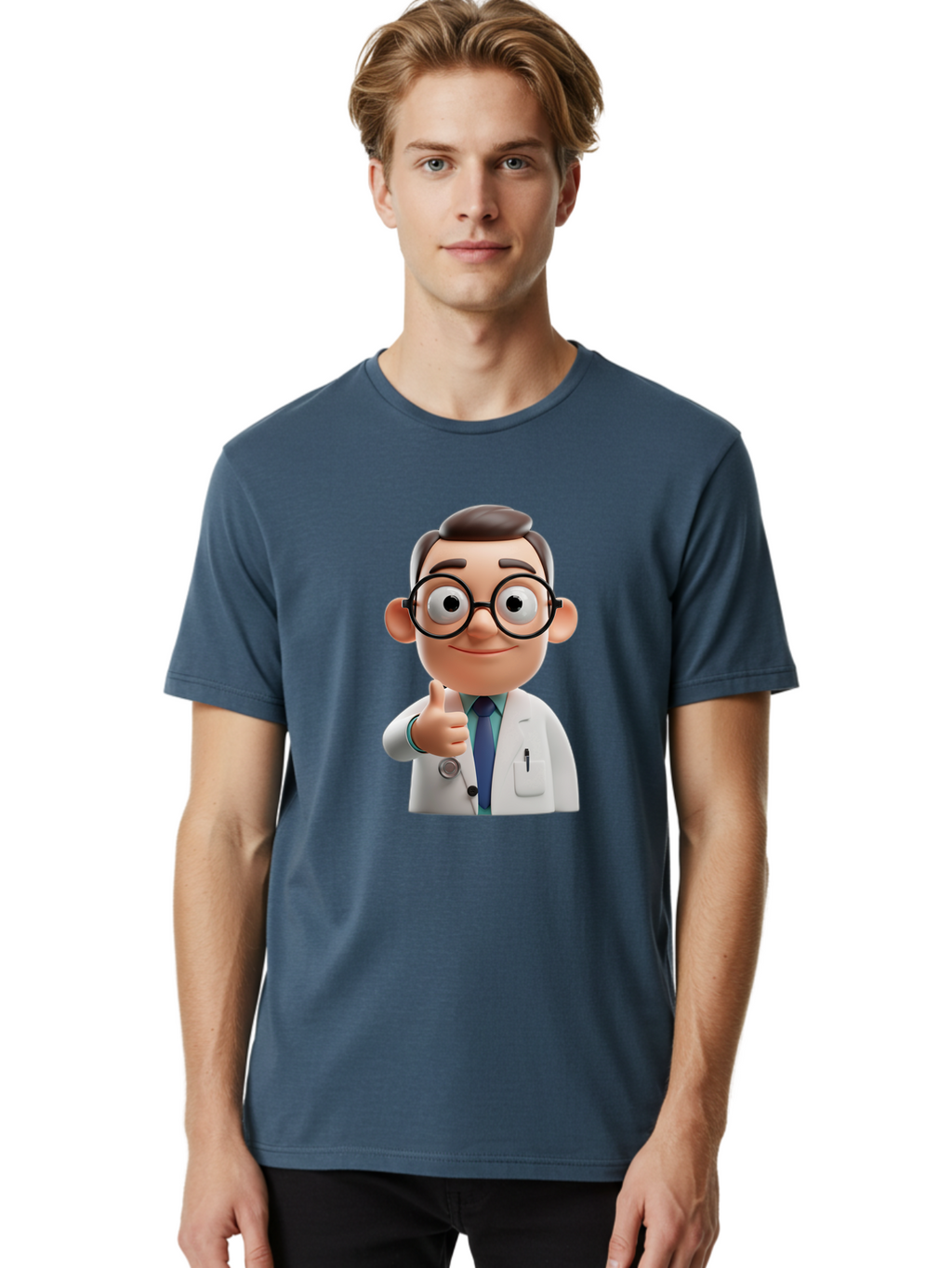Doctor-1 Men'S Graphic Tee, 100% Cotton, Comfortable Casual Summer Wear, Machine Washable, 3D Cartoon Doctor, Thumbs Up Gesture, Eyeglasses, White Lab Coat, Blue Tie, Stethoscope, Confident Expression, Friendly Demeanor, Medical Professional, Baa455