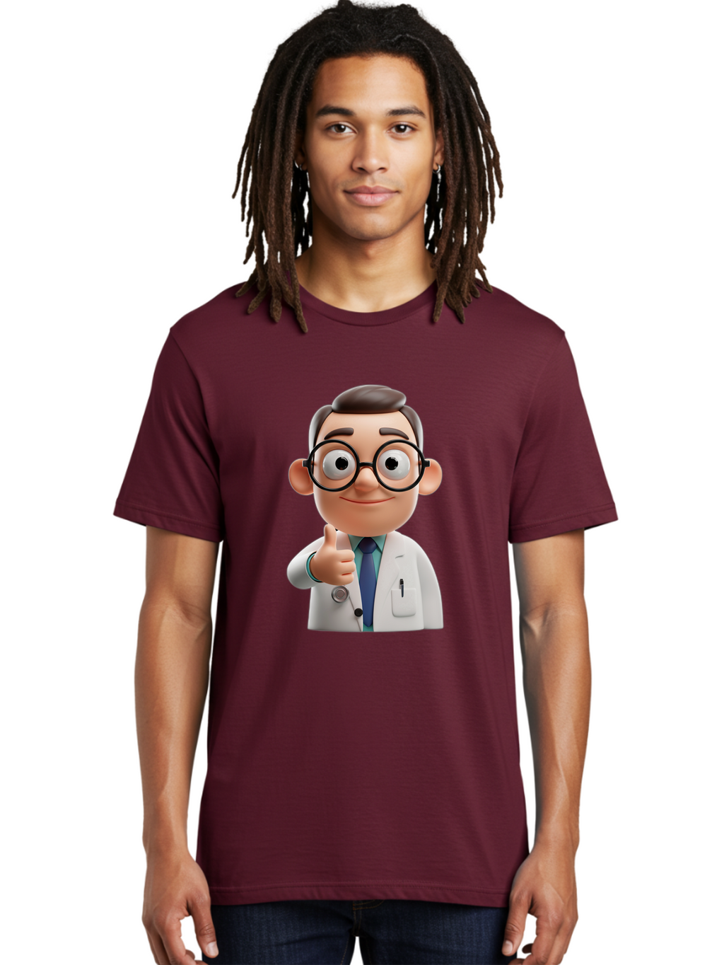 Doctor-1 Men'S Graphic Tee, 100% Cotton, Comfortable Casual Summer Wear, Machine Washable, 3D Cartoon Doctor, Thumbs Up Gesture, Eyeglasses, White Lab Coat, Blue Tie, Stethoscope, Confident Expression, Friendly Demeanor, Medical Professional, Baa455