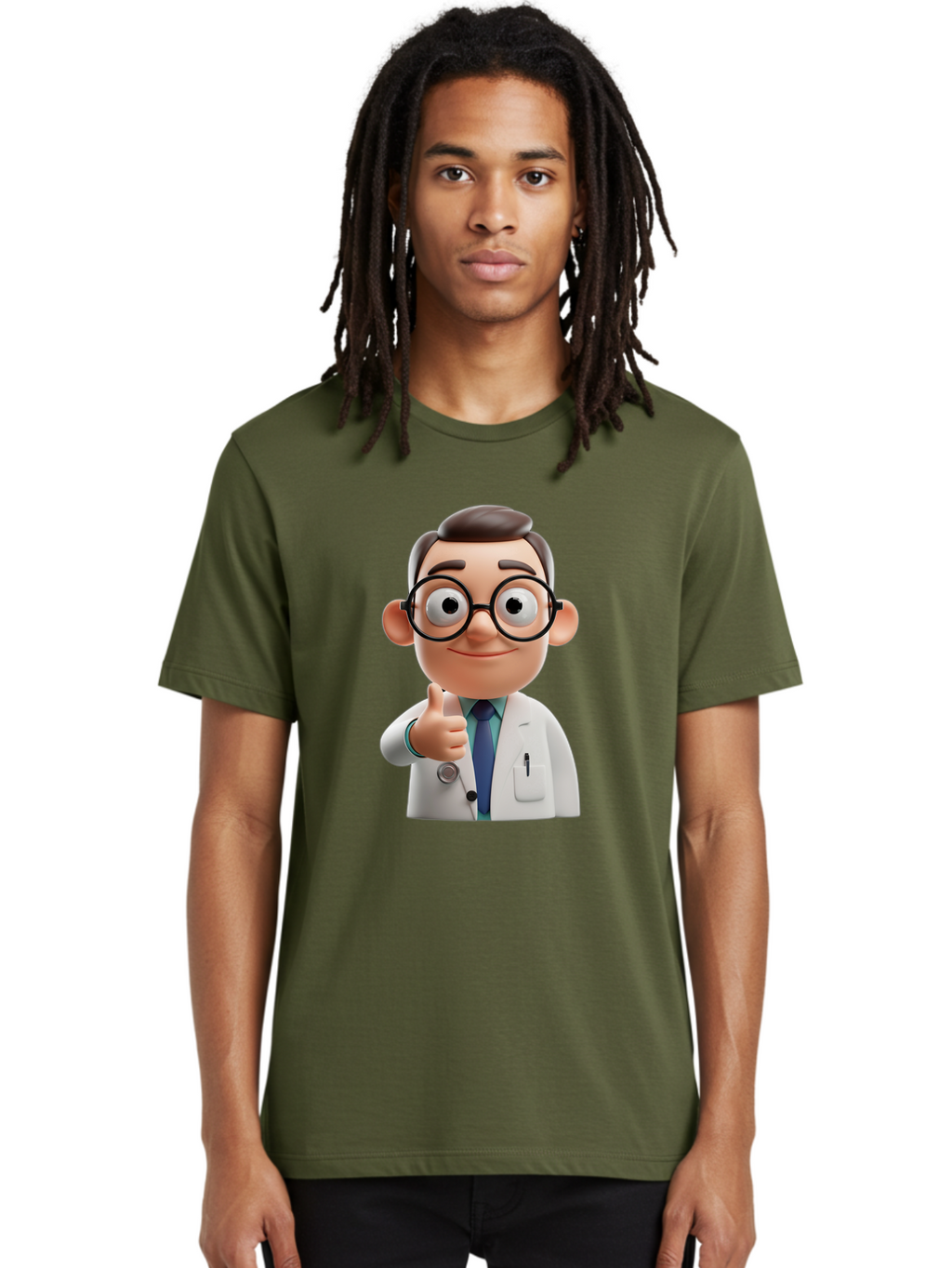 Doctor-1 Men'S Graphic Tee, 100% Cotton, Comfortable Casual Summer Wear, Machine Washable, 3D Cartoon Doctor, Thumbs Up Gesture, Eyeglasses, White Lab Coat, Blue Tie, Stethoscope, Confident Expression, Friendly Demeanor, Medical Professional, Baa455