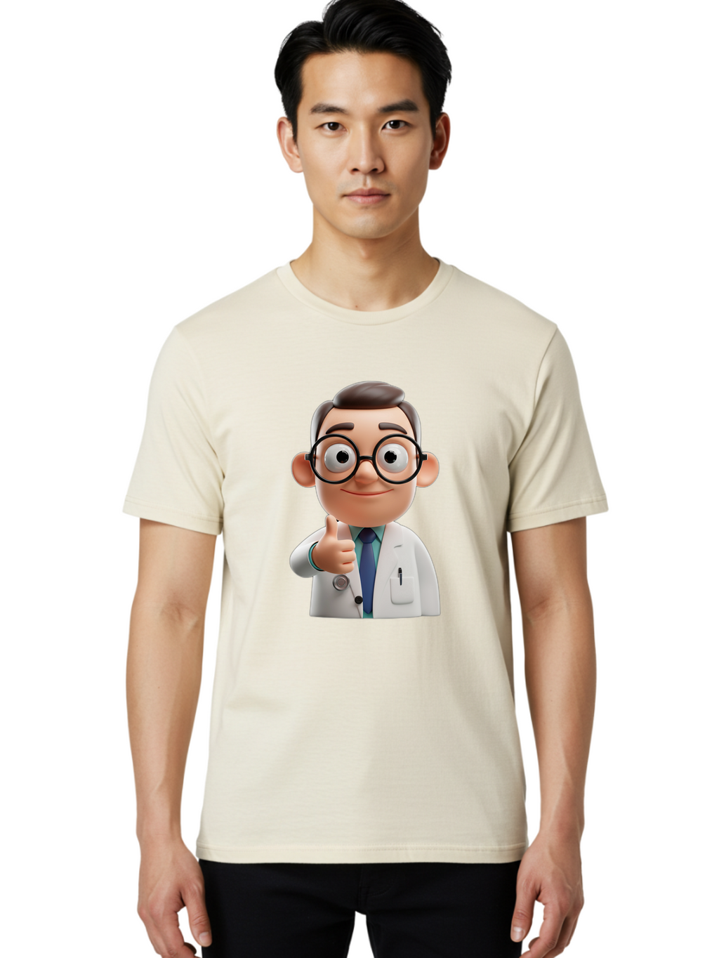 Doctor-1 Men'S Graphic Tee, 100% Cotton, Comfortable Casual Summer Wear, Machine Washable, 3D Cartoon Doctor, Thumbs Up Gesture, Eyeglasses, White Lab Coat, Blue Tie, Stethoscope, Confident Expression, Friendly Demeanor, Medical Professional, Baa455