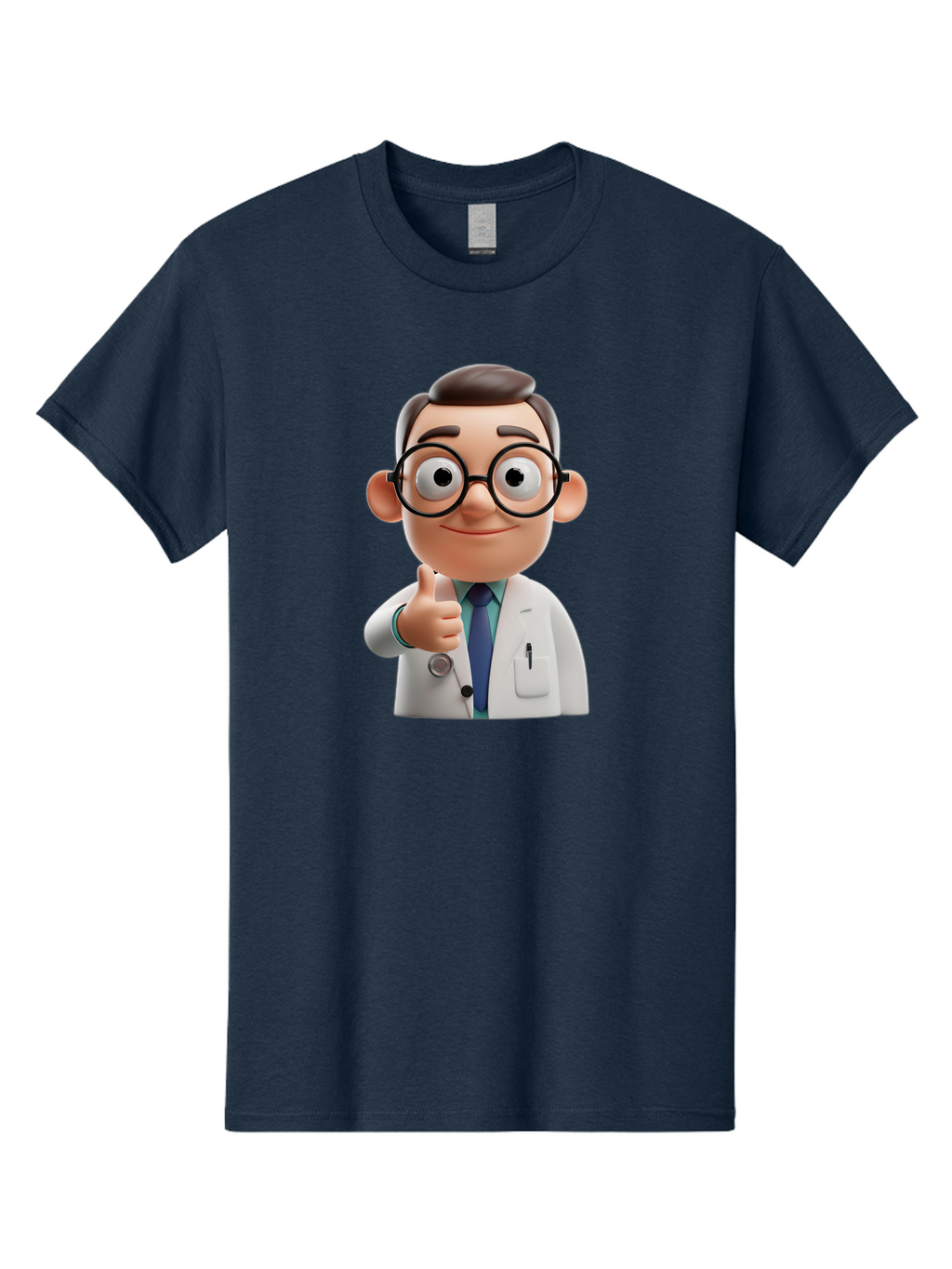 Doctor-1 Men'S Graphic Tee, 100% Cotton, Comfortable Casual Summer Wear, Machine Washable, 3D Cartoon Doctor, Thumbs Up Gesture, Eyeglasses, White Lab Coat, Blue Tie, Stethoscope, Confident Expression, Friendly Demeanor, Medical Professional, Baa455