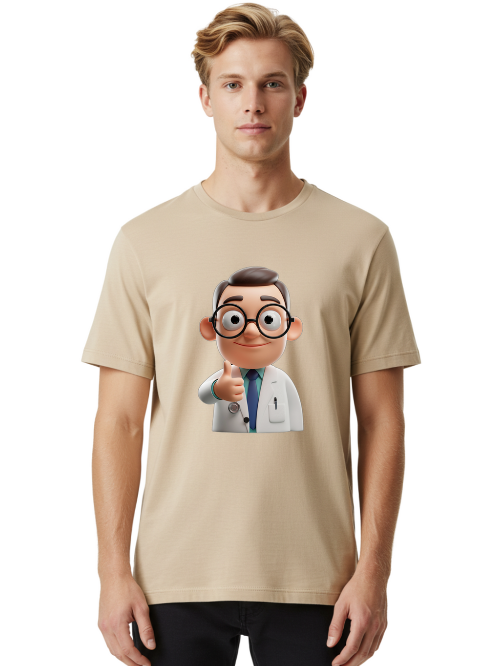 Doctor-1 Men'S Graphic Tee, 100% Cotton, Comfortable Casual Summer Wear, Machine Washable, 3D Cartoon Doctor, Thumbs Up Gesture, Eyeglasses, White Lab Coat, Blue Tie, Stethoscope, Confident Expression, Friendly Demeanor, Medical Professional, Baa455