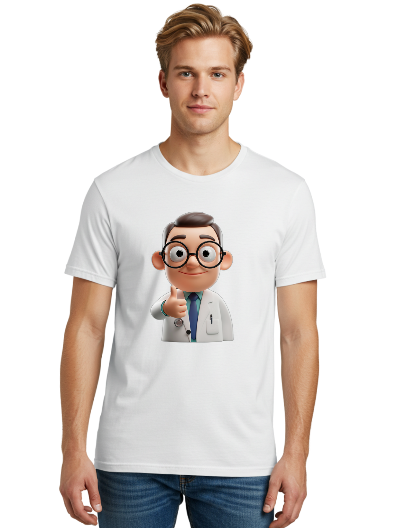 Doctor-1 Men'S Graphic Tee, 100% Cotton, Comfortable Casual Summer Wear, Machine Washable, 3D Cartoon Doctor, Thumbs Up Gesture, Eyeglasses, White Lab Coat, Blue Tie, Stethoscope, Confident Expression, Friendly Demeanor, Medical Professional, Baa455