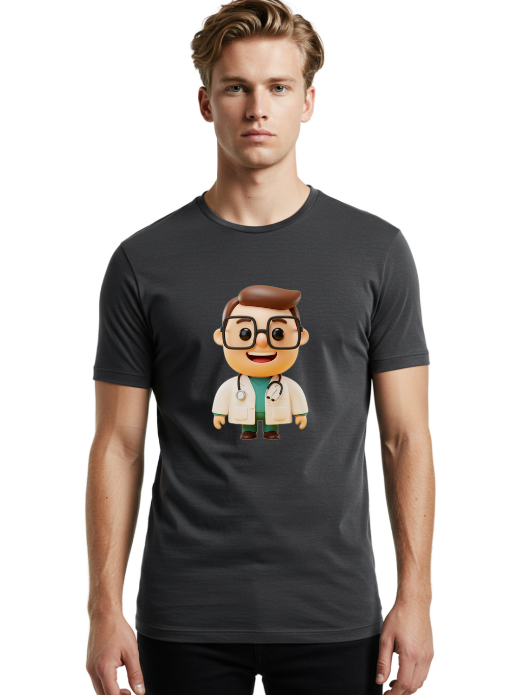 Doctor-2 Men'S Graphic Tee, 100% Cotton, Comfortable Casual Summer Wear, Machine Washable, Cartoon Doctor, Medical Professional, Health Care, Stethoscope, Lab Coat, Glasses, Friendly Smile, Medical Care, Healthcare Worker, Doctor Illustration Baa456