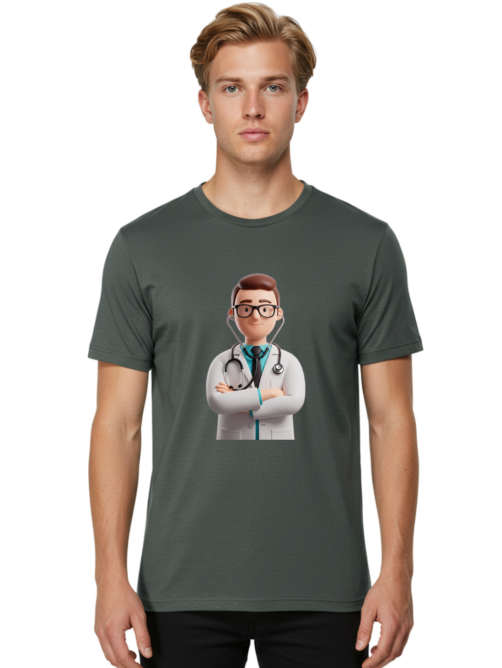 Doctor-3 Men'S Graphic Tee, 100% Cotton, Comfortable Casual Summer Wear, Machine Washable, Cartoon Doctor, Medical Professional, Stethoscope Around Neck, White Lab Coat, Confident Pose, Medical Care, Healthcare Provider, Friendly Smile, Baa457