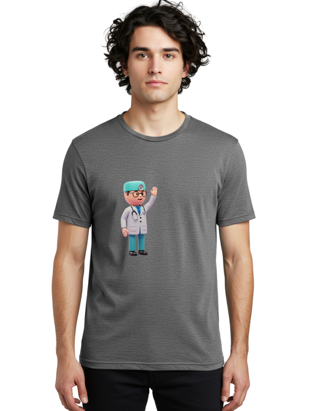 Doctor-3D-Character Men'S Graphic Tee, 100% Cotton, Comfortable Casual Summer Wear, Machine Washable, Cartoon Doctor, Medical Professional, Friendly Character, Waving Gesture, White Lab Coat, Stethoscope, Blue Scrubs, Healthcare Worker, Baa458