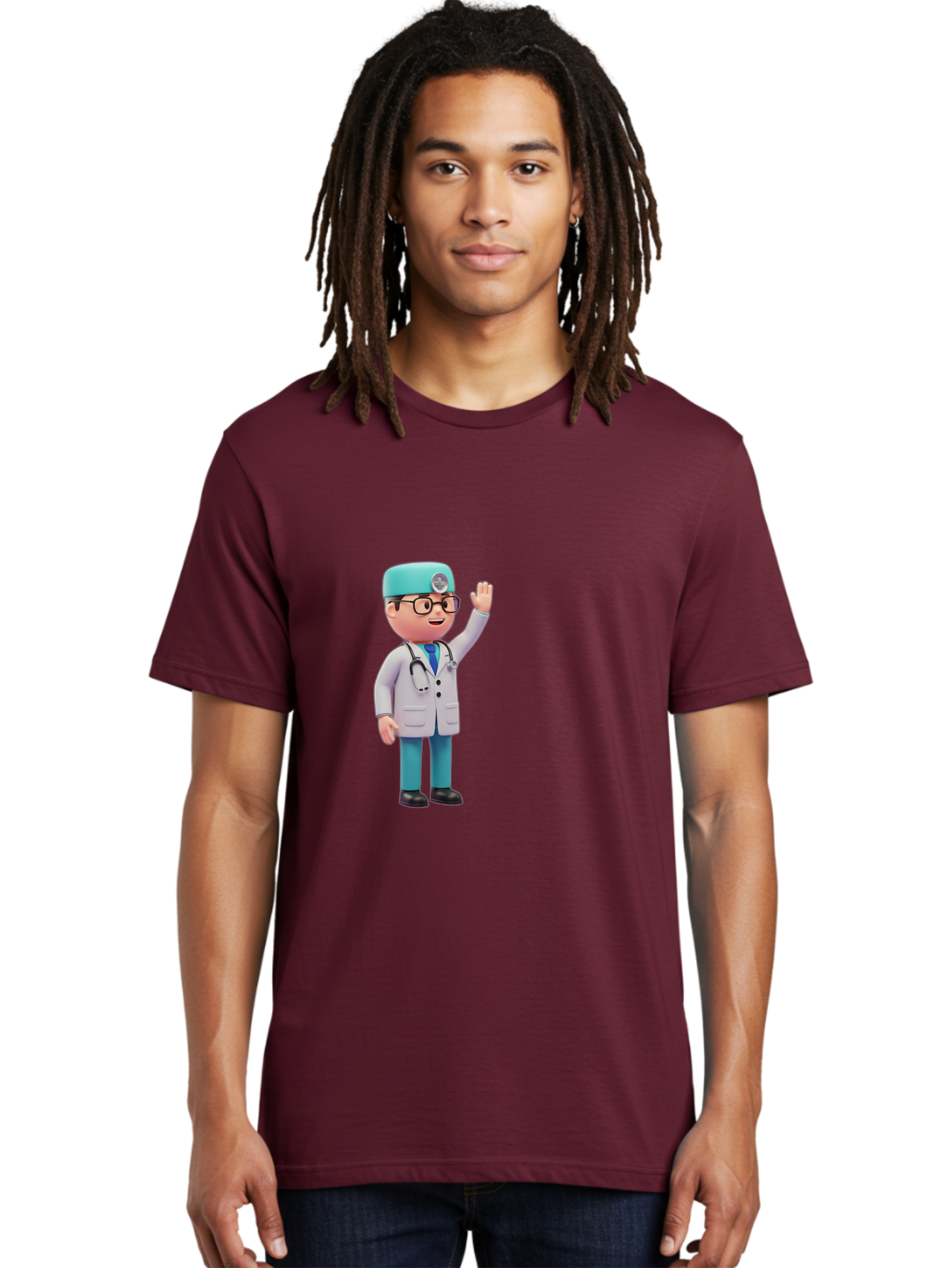 Doctor-3D-Character Men'S Graphic Tee, 100% Cotton, Comfortable Casual Summer Wear, Machine Washable, Cartoon Doctor, Medical Professional, Friendly Character, Waving Gesture, White Lab Coat, Stethoscope, Blue Scrubs, Healthcare Worker, Baa458