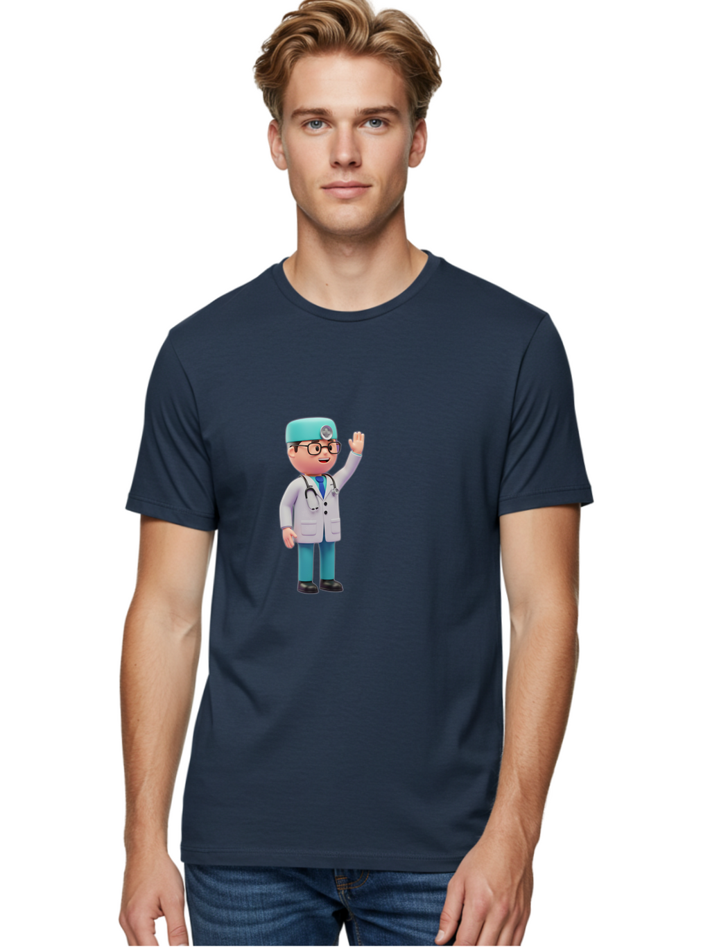 Doctor-3D-Character Men'S Graphic Tee, 100% Cotton, Comfortable Casual Summer Wear, Machine Washable, Cartoon Doctor, Medical Professional, Friendly Character, Waving Gesture, White Lab Coat, Stethoscope, Blue Scrubs, Healthcare Worker, Baa458