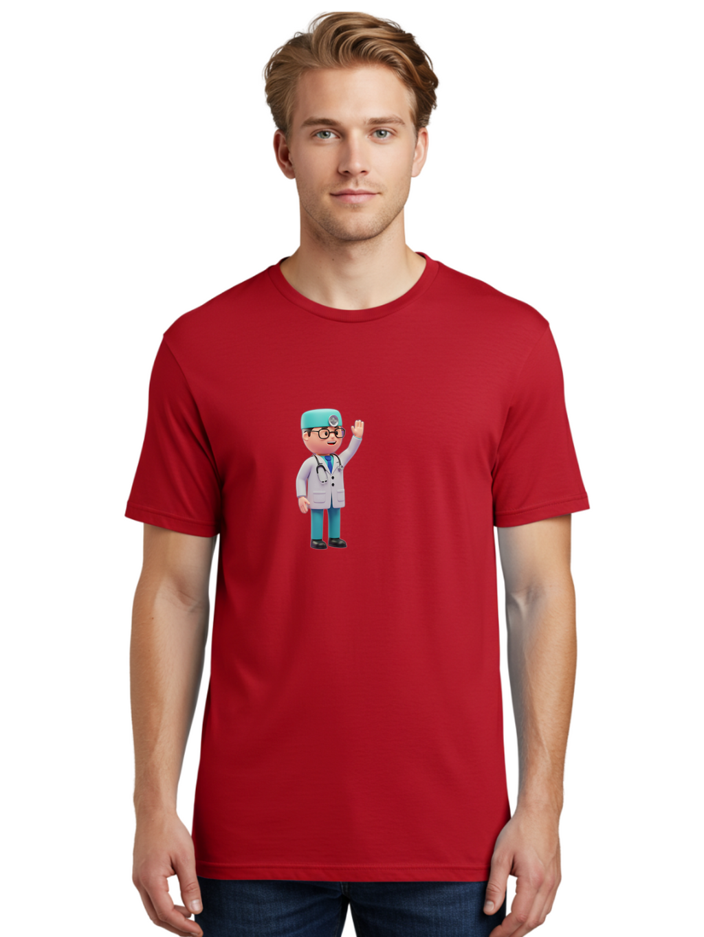 Doctor-3D-Character Men'S Graphic Tee, 100% Cotton, Comfortable Casual Summer Wear, Machine Washable, Cartoon Doctor, Medical Professional, Friendly Character, Waving Gesture, White Lab Coat, Stethoscope, Blue Scrubs, Healthcare Worker, Baa458