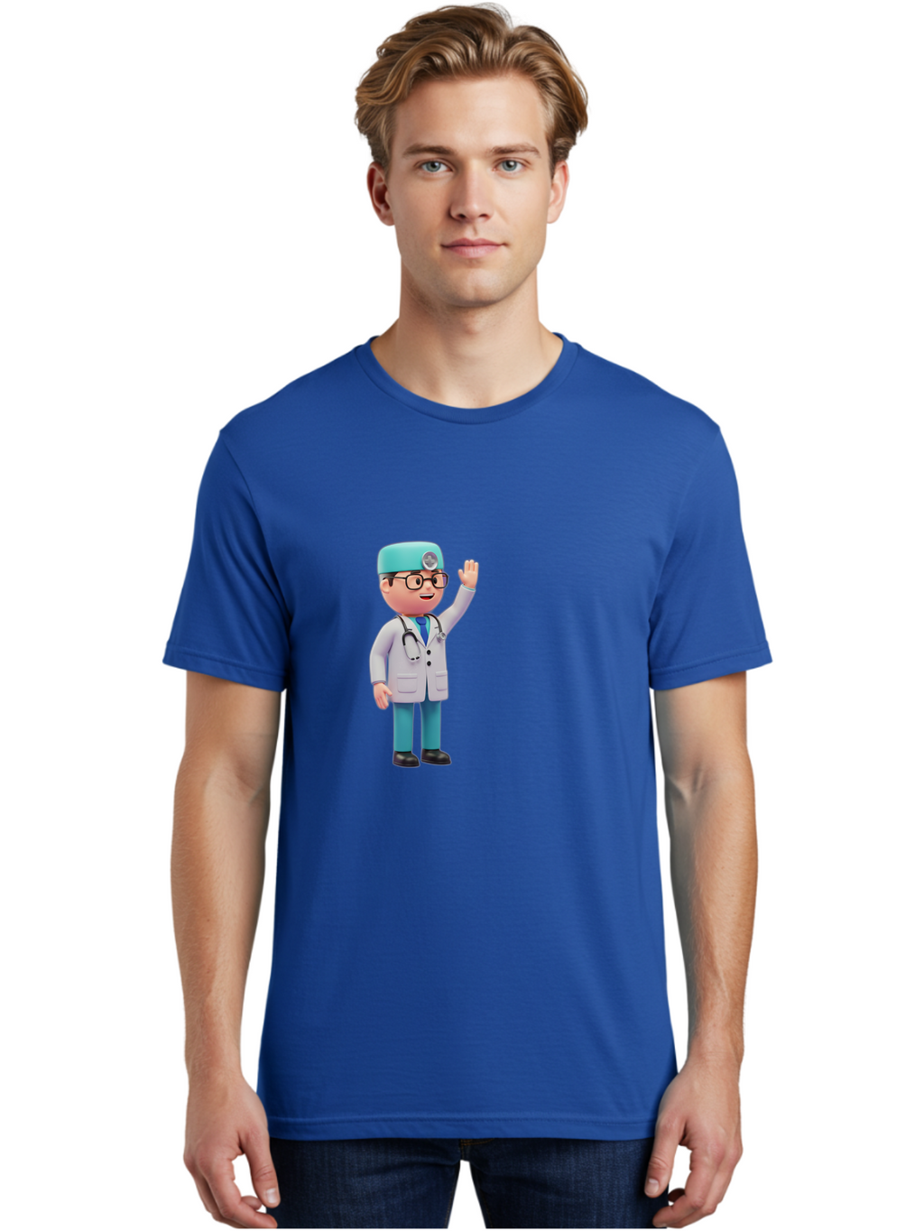 Doctor-3D-Character Men'S Graphic Tee, 100% Cotton, Comfortable Casual Summer Wear, Machine Washable, Cartoon Doctor, Medical Professional, Friendly Character, Waving Gesture, White Lab Coat, Stethoscope, Blue Scrubs, Healthcare Worker, Baa458