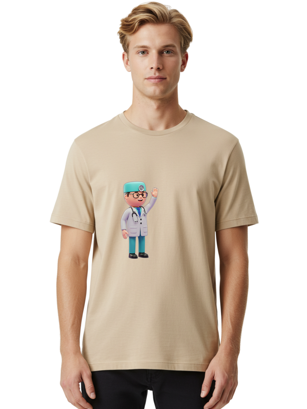 Doctor-3D-Character Men'S Graphic Tee, 100% Cotton, Comfortable Casual Summer Wear, Machine Washable, Cartoon Doctor, Medical Professional, Friendly Character, Waving Gesture, White Lab Coat, Stethoscope, Blue Scrubs, Healthcare Worker, Baa458