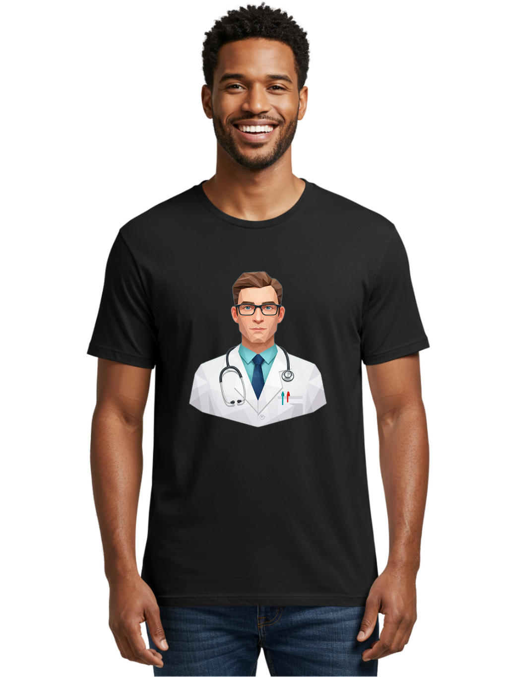 Doctor-4 Men'S Graphic Tee, 100% Cotton, Comfortable Casual Summer Wear, Machine Washable, Male Doctor, Medical Professional, Stethoscope Around Neck, White Lab Coat, Blue Shirt, Dark Blue Tie, Pens In Pocket, Glasses, Low Poly Style, Baa459