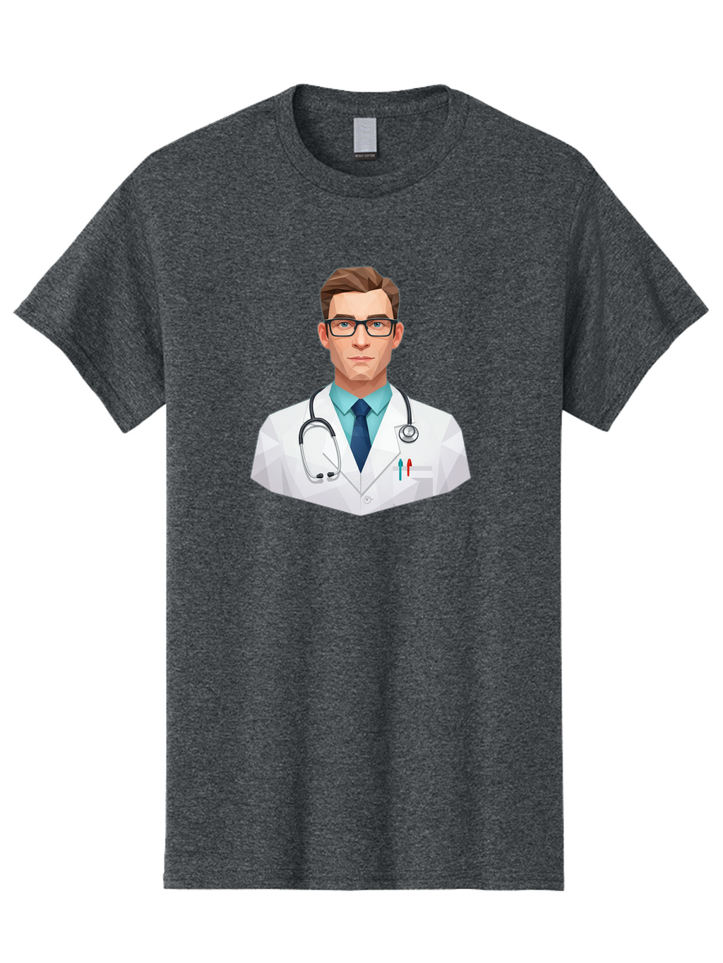 Doctor-4 Men'S Graphic Tee, 100% Cotton, Comfortable Casual Summer Wear, Machine Washable, Male Doctor, Medical Professional, Stethoscope Around Neck, White Lab Coat, Blue Shirt, Dark Blue Tie, Pens In Pocket, Glasses, Low Poly Style, Baa459