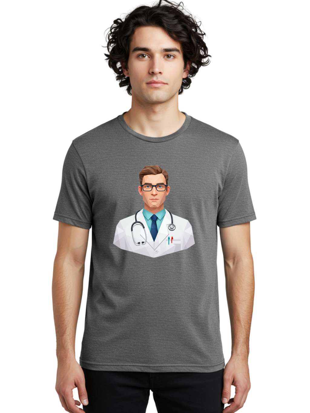 Doctor-4 Men'S Graphic Tee, 100% Cotton, Comfortable Casual Summer Wear, Machine Washable, Male Doctor, Medical Professional, Stethoscope Around Neck, White Lab Coat, Blue Shirt, Dark Blue Tie, Pens In Pocket, Glasses, Low Poly Style, Baa459