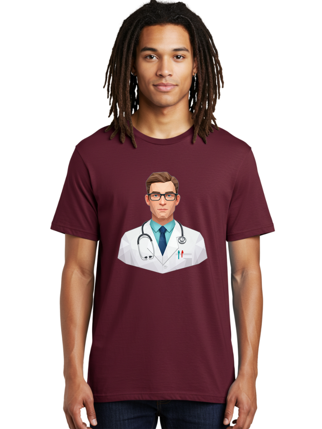 Doctor-4 Men'S Graphic Tee, 100% Cotton, Comfortable Casual Summer Wear, Machine Washable, Male Doctor, Medical Professional, Stethoscope Around Neck, White Lab Coat, Blue Shirt, Dark Blue Tie, Pens In Pocket, Glasses, Low Poly Style, Baa459