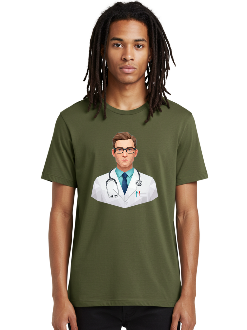 Doctor-4 Men'S Graphic Tee, 100% Cotton, Comfortable Casual Summer Wear, Machine Washable, Male Doctor, Medical Professional, Stethoscope Around Neck, White Lab Coat, Blue Shirt, Dark Blue Tie, Pens In Pocket, Glasses, Low Poly Style, Baa459