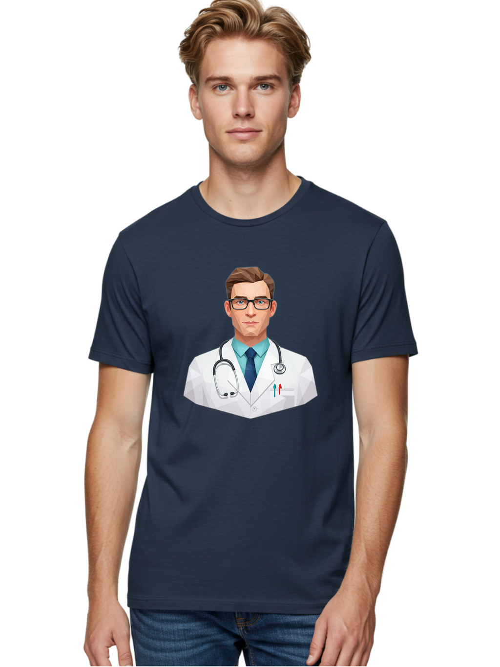 Doctor-4 Men'S Graphic Tee, 100% Cotton, Comfortable Casual Summer Wear, Machine Washable, Male Doctor, Medical Professional, Stethoscope Around Neck, White Lab Coat, Blue Shirt, Dark Blue Tie, Pens In Pocket, Glasses, Low Poly Style, Baa459