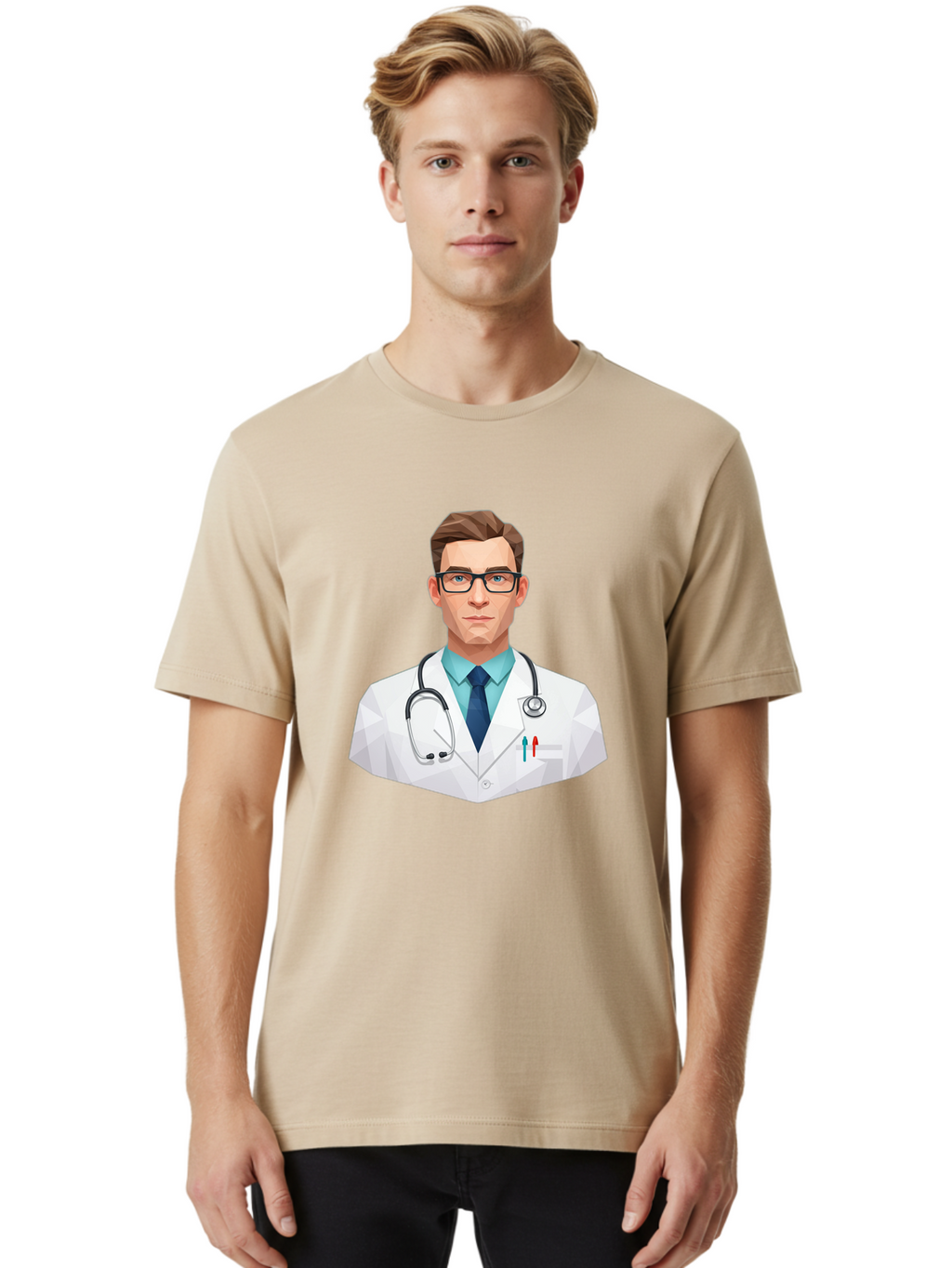 Doctor-4 Men'S Graphic Tee, 100% Cotton, Comfortable Casual Summer Wear, Machine Washable, Male Doctor, Medical Professional, Stethoscope Around Neck, White Lab Coat, Blue Shirt, Dark Blue Tie, Pens In Pocket, Glasses, Low Poly Style, Baa459