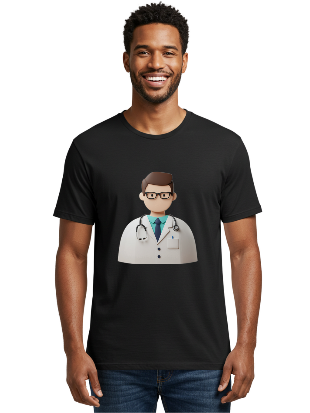 Doctor-5 Men'S Graphic Tee, 100% Cotton, Comfortable Casual Summer Wear, Machine Washable, 3D Cartoon Doctor, Medical Professional, Stethoscope Around Neck, White Lab Coat, Glasses, Blue Shirt, Dark Blue Tie, Healthcare, Medical Care, Baa460