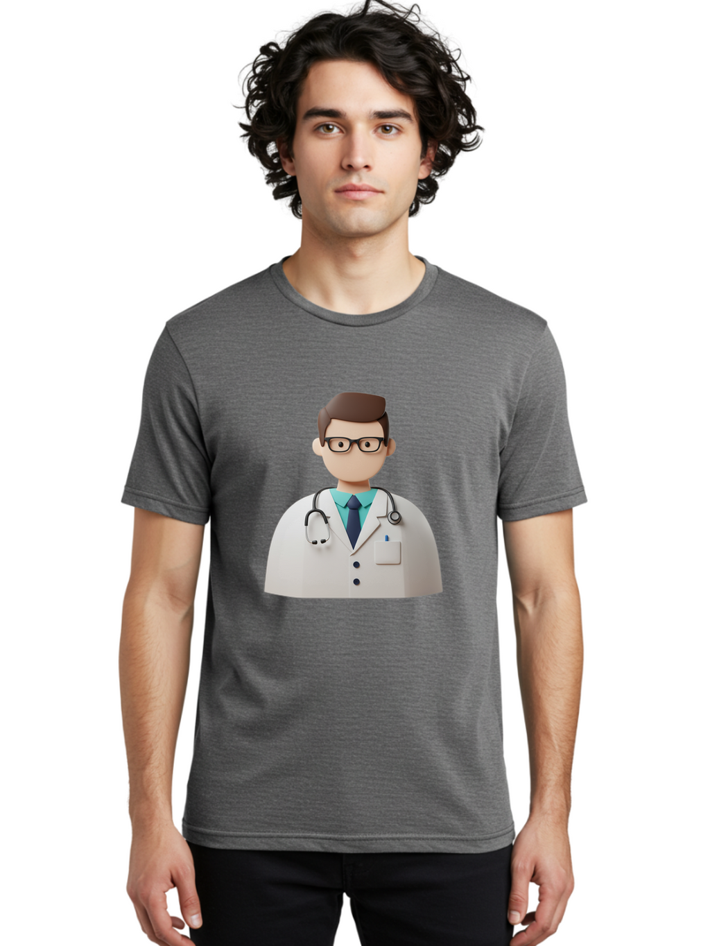 Doctor-5 Men'S Graphic Tee, 100% Cotton, Comfortable Casual Summer Wear, Machine Washable, 3D Cartoon Doctor, Medical Professional, Stethoscope Around Neck, White Lab Coat, Glasses, Blue Shirt, Dark Blue Tie, Healthcare, Medical Care, Baa460