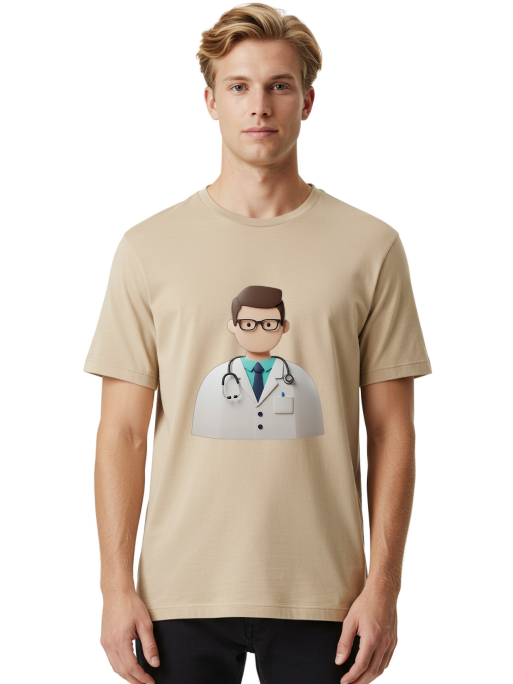 Doctor-5 Men'S Graphic Tee, 100% Cotton, Comfortable Casual Summer Wear, Machine Washable, 3D Cartoon Doctor, Medical Professional, Stethoscope Around Neck, White Lab Coat, Glasses, Blue Shirt, Dark Blue Tie, Healthcare, Medical Care, Baa460