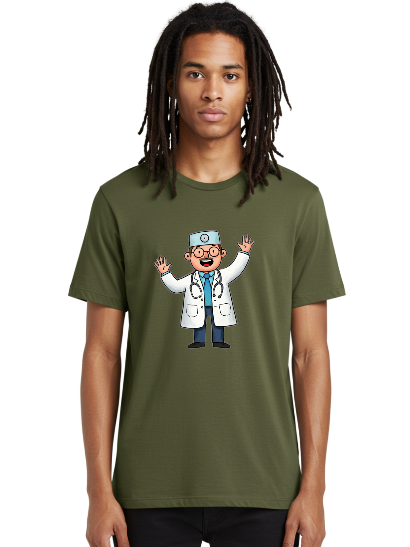 Doctor-6 Men'S Graphic Tee, 100% Cotton, Comfortable Casual Summer Wear, Machine Washable, Cartoon Doctor, Healthcare Professional, Medical Illustration, White Lab Coat, Stethoscope, Blue Tie, Smiling Doctor, Friendly Gesture, Baa461