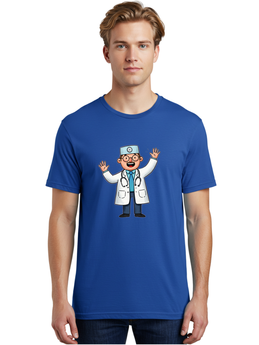Doctor-6 Men'S Graphic Tee, 100% Cotton, Comfortable Casual Summer Wear, Machine Washable, Cartoon Doctor, Healthcare Professional, Medical Illustration, White Lab Coat, Stethoscope, Blue Tie, Smiling Doctor, Friendly Gesture, Baa461