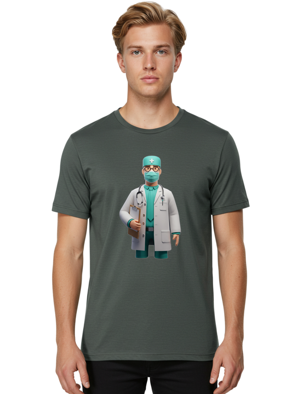 Doctor-9 Men'S Graphic Tee, 100% Cotton, Comfortable Casual Summer Wear, Machine Washable, 3D Cartoon Doctor, Medical Professional, White Coat, Stethoscope, Clipboard, Surgical Mask, Medical Hat, Healthcare Worker, Medical Attire, Baa464