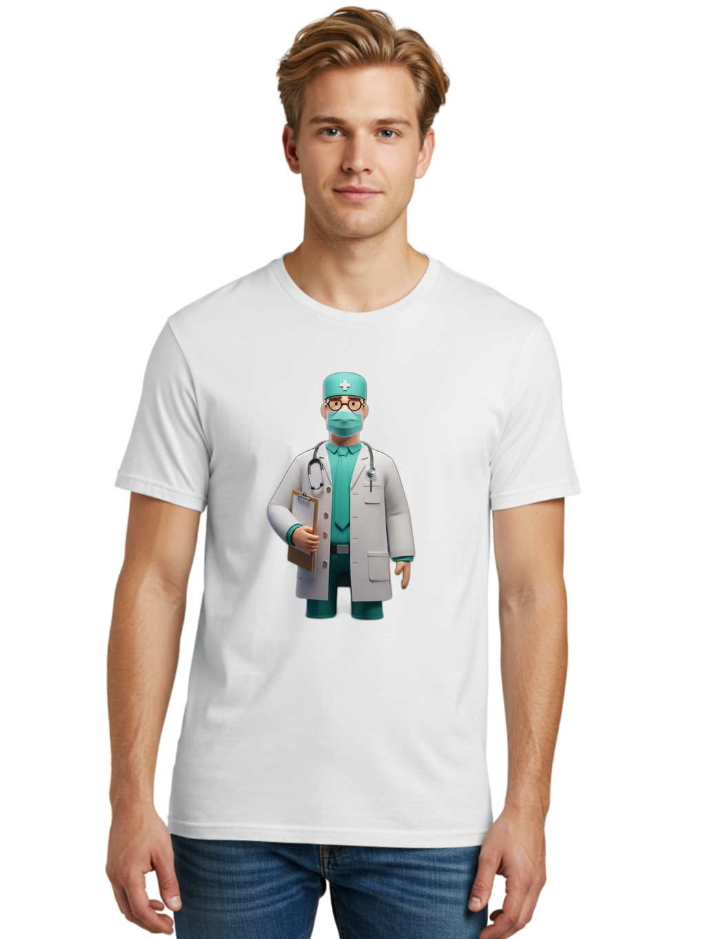 Doctor-9 Men'S Graphic Tee, 100% Cotton, Comfortable Casual Summer Wear, Machine Washable, 3D Cartoon Doctor, Medical Professional, White Coat, Stethoscope, Clipboard, Surgical Mask, Medical Hat, Healthcare Worker, Medical Attire, Baa464