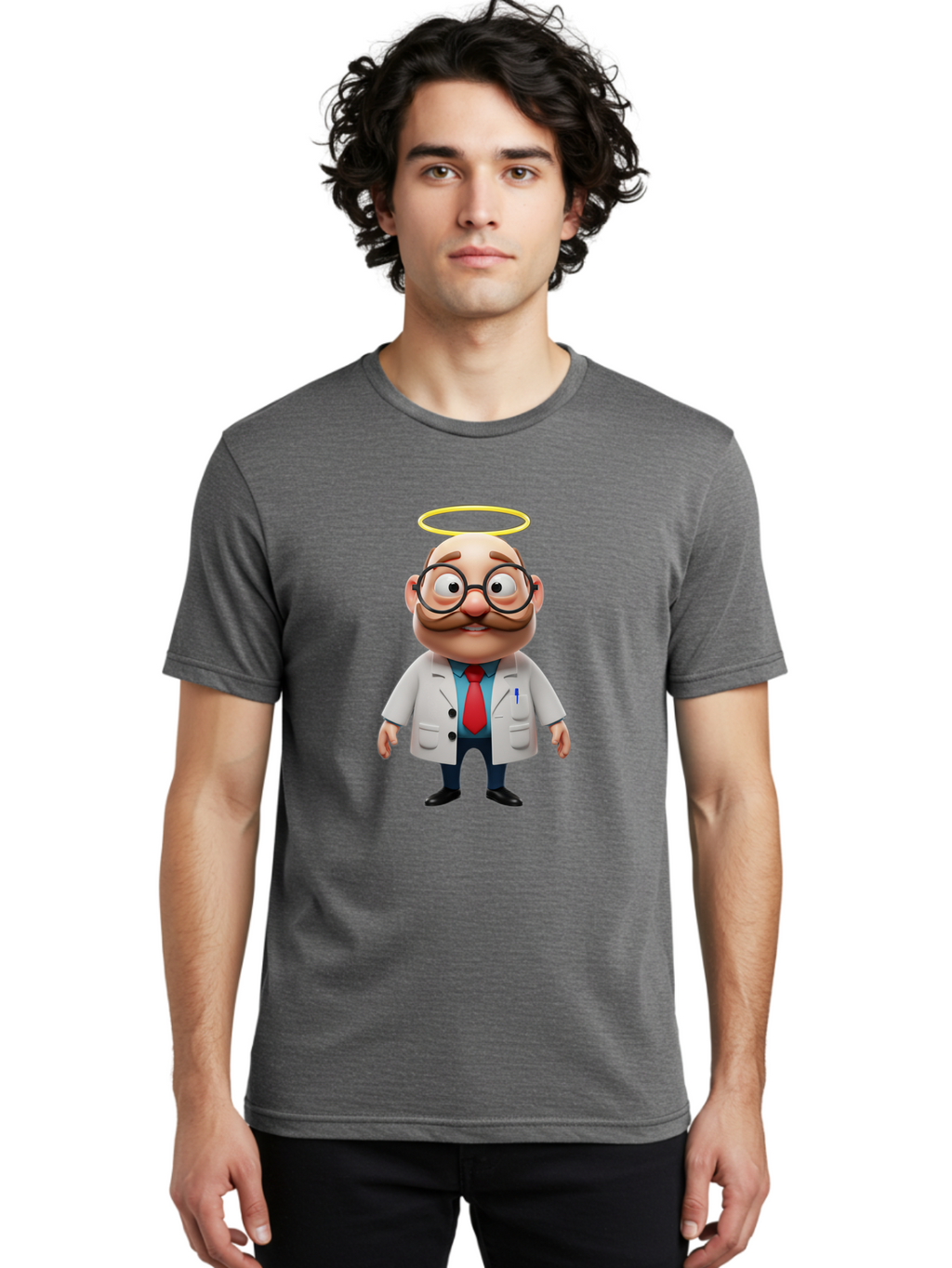Doctor-Angel Men'S Graphic Tee, 100% Cotton, Comfortable Casual Summer Wear, Machine Washable, Cartoon Doctor, 3D Character, Bald Man, White Lab Coat, Red Tie, Blue Shirt, Black Shoes, Round Glasses, Mustache, Halo, Saintly Figure, Baa465