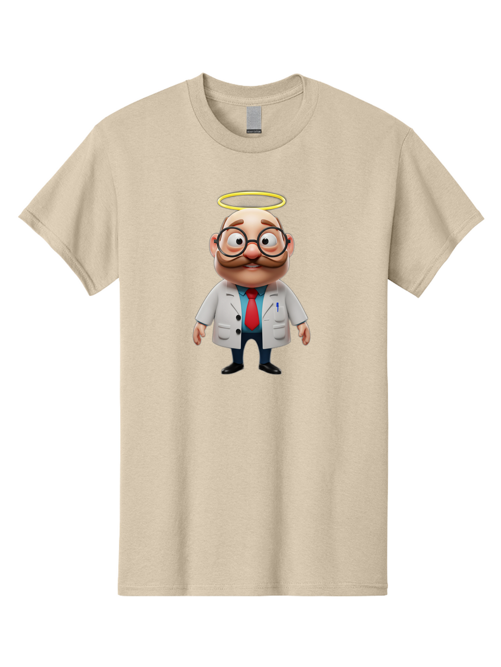 Doctor-Angel Men'S Graphic Tee, 100% Cotton, Comfortable Casual Summer Wear, Machine Washable, Cartoon Doctor, 3D Character, Bald Man, White Lab Coat, Red Tie, Blue Shirt, Black Shoes, Round Glasses, Mustache, Halo, Saintly Figure, Baa465