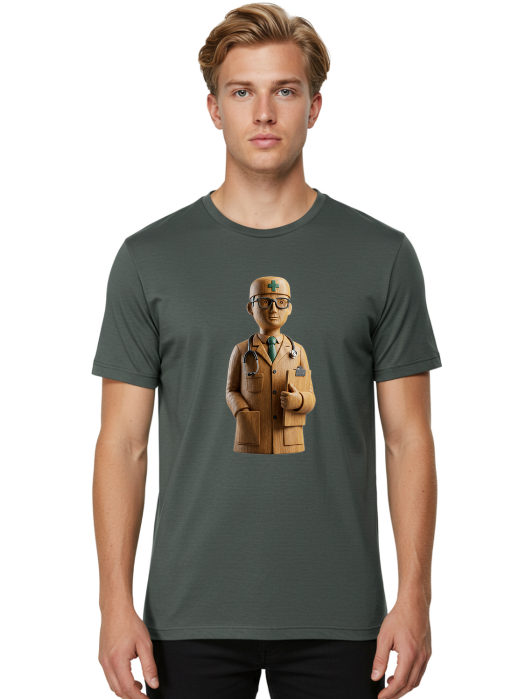 Doctor-Bust Men'S Graphic Tee, 100% Cotton, Comfortable Casual Summer Wear, Machine Washable, Wooden Doctor Figurine, Stethoscope Around Neck, Green Cross On Hat, Medical Professional, Giving A Thumbs Up, Wooden Statue, Doctor Sculpture, Baa466