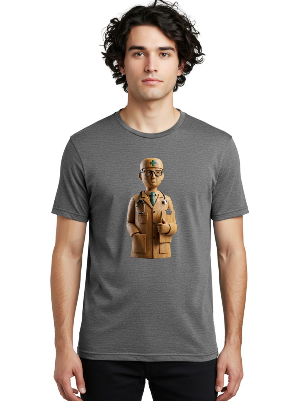 Doctor-Bust Men'S Graphic Tee, 100% Cotton, Comfortable Casual Summer Wear, Machine Washable, Wooden Doctor Figurine, Stethoscope Around Neck, Green Cross On Hat, Medical Professional, Giving A Thumbs Up, Wooden Statue, Doctor Sculpture, Baa466