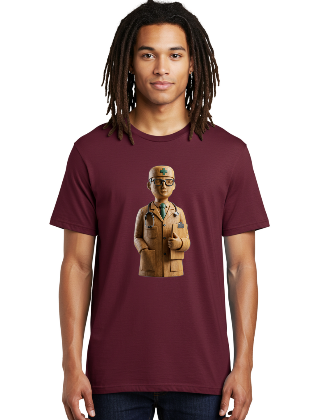 Doctor-Bust Men'S Graphic Tee, 100% Cotton, Comfortable Casual Summer Wear, Machine Washable, Wooden Doctor Figurine, Stethoscope Around Neck, Green Cross On Hat, Medical Professional, Giving A Thumbs Up, Wooden Statue, Doctor Sculpture, Baa466