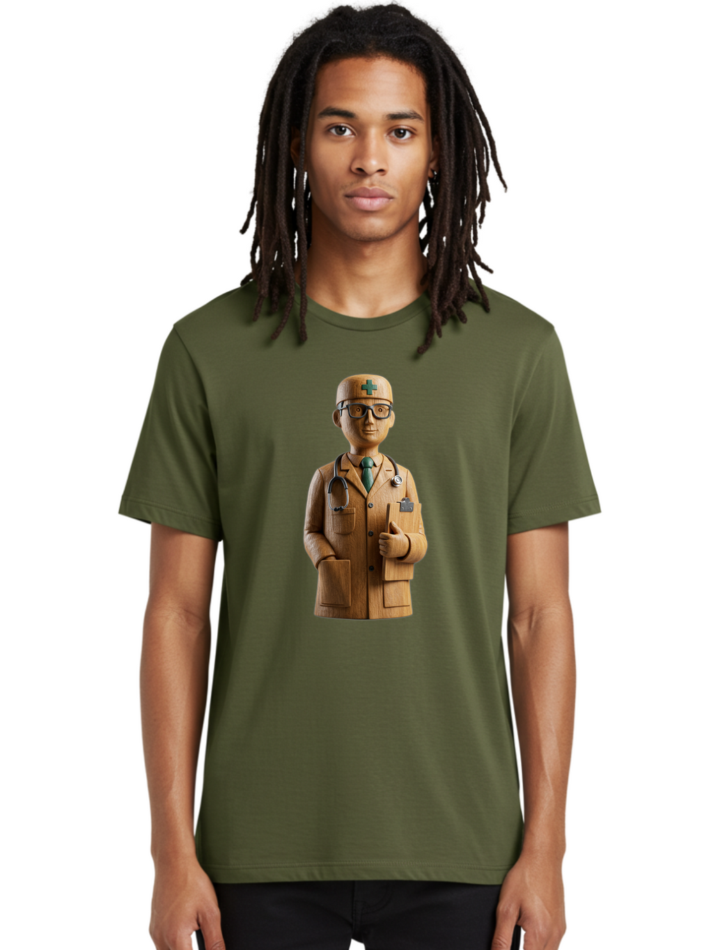 Doctor-Bust Men'S Graphic Tee, 100% Cotton, Comfortable Casual Summer Wear, Machine Washable, Wooden Doctor Figurine, Stethoscope Around Neck, Green Cross On Hat, Medical Professional, Giving A Thumbs Up, Wooden Statue, Doctor Sculpture, Baa466