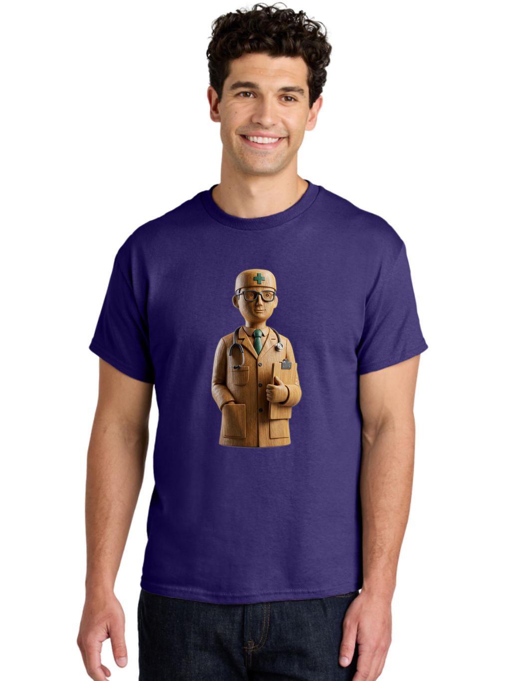 Doctor-Bust Men'S Graphic Tee, 100% Cotton, Comfortable Casual Summer Wear, Machine Washable, Wooden Doctor Figurine, Stethoscope Around Neck, Green Cross On Hat, Medical Professional, Giving A Thumbs Up, Wooden Statue, Doctor Sculpture, Baa466