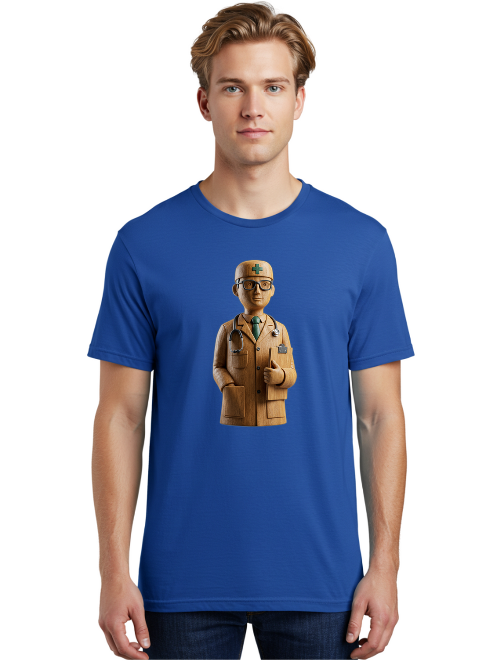 Doctor-Bust Men'S Graphic Tee, 100% Cotton, Comfortable Casual Summer Wear, Machine Washable, Wooden Doctor Figurine, Stethoscope Around Neck, Green Cross On Hat, Medical Professional, Giving A Thumbs Up, Wooden Statue, Doctor Sculpture, Baa466