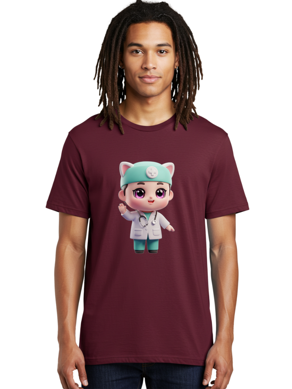 Doctor-Cat-Ears Men'S Graphic Tee, 100% Cotton, Comfortable Casual Summer Wear, Machine Washable, Cartoon Doctor, Kawaii Character, White Lab Coat, Stethoscope, Cute Eyes, Medical Attire, Health Care, Adorable, Welcoming Gesture, Baa467