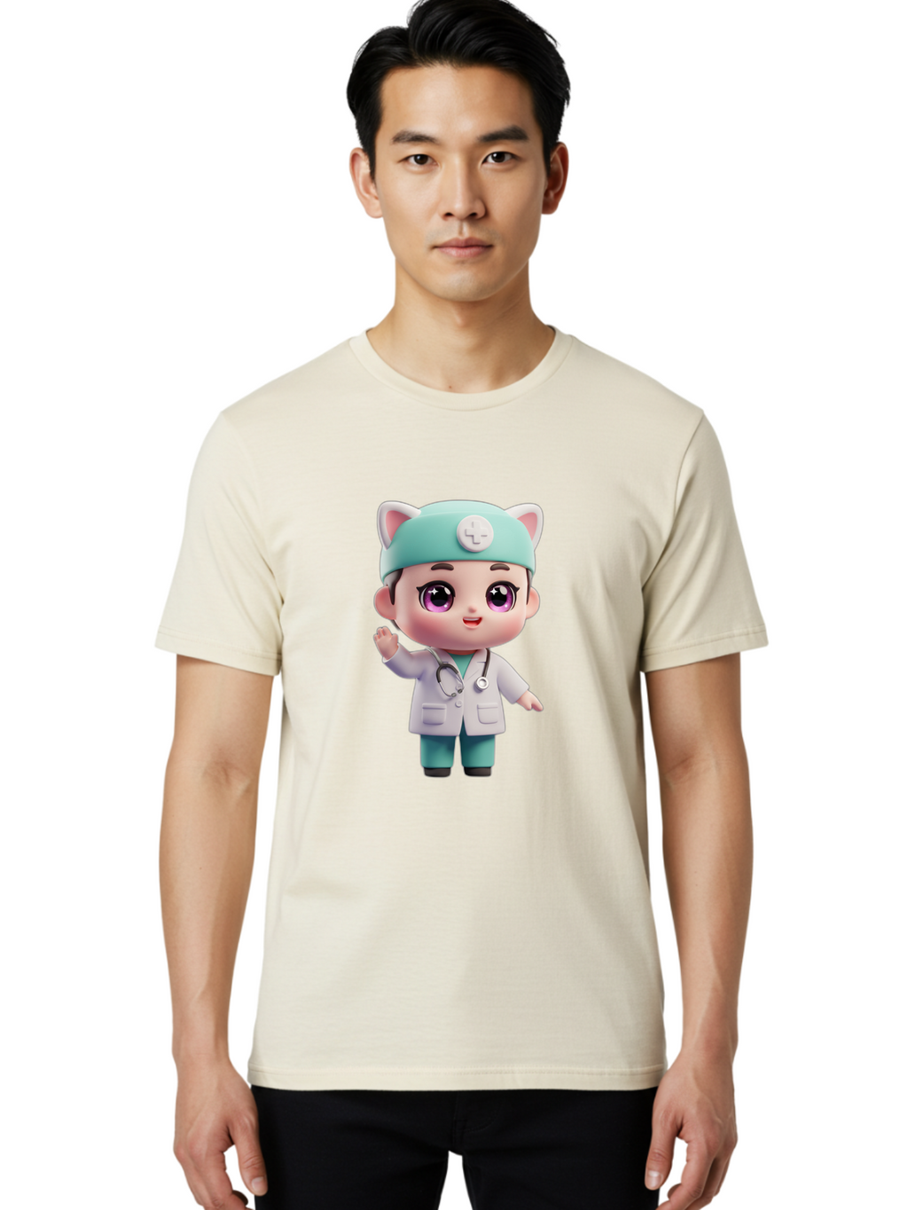 Doctor-Cat-Ears Men'S Graphic Tee, 100% Cotton, Comfortable Casual Summer Wear, Machine Washable, Cartoon Doctor, Kawaii Character, White Lab Coat, Stethoscope, Cute Eyes, Medical Attire, Health Care, Adorable, Welcoming Gesture, Baa467