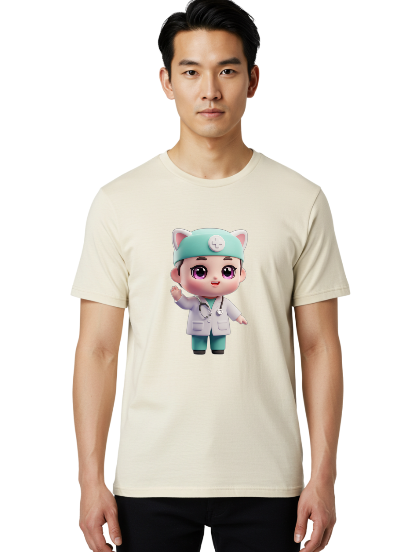 Doctor-Cat-Ears Men'S Graphic Tee, 100% Cotton, Comfortable Casual Summer Wear, Machine Washable, Cartoon Doctor, Kawaii Character, White Lab Coat, Stethoscope, Cute Eyes, Medical Attire, Health Care, Adorable, Welcoming Gesture, Baa467