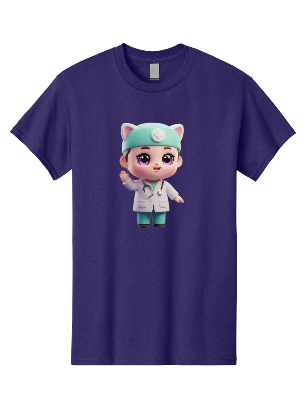 Doctor-Cat-Ears Men'S Graphic Tee, 100% Cotton, Comfortable Casual Summer Wear, Machine Washable, Cartoon Doctor, Kawaii Character, White Lab Coat, Stethoscope, Cute Eyes, Medical Attire, Health Care, Adorable, Welcoming Gesture, Baa467