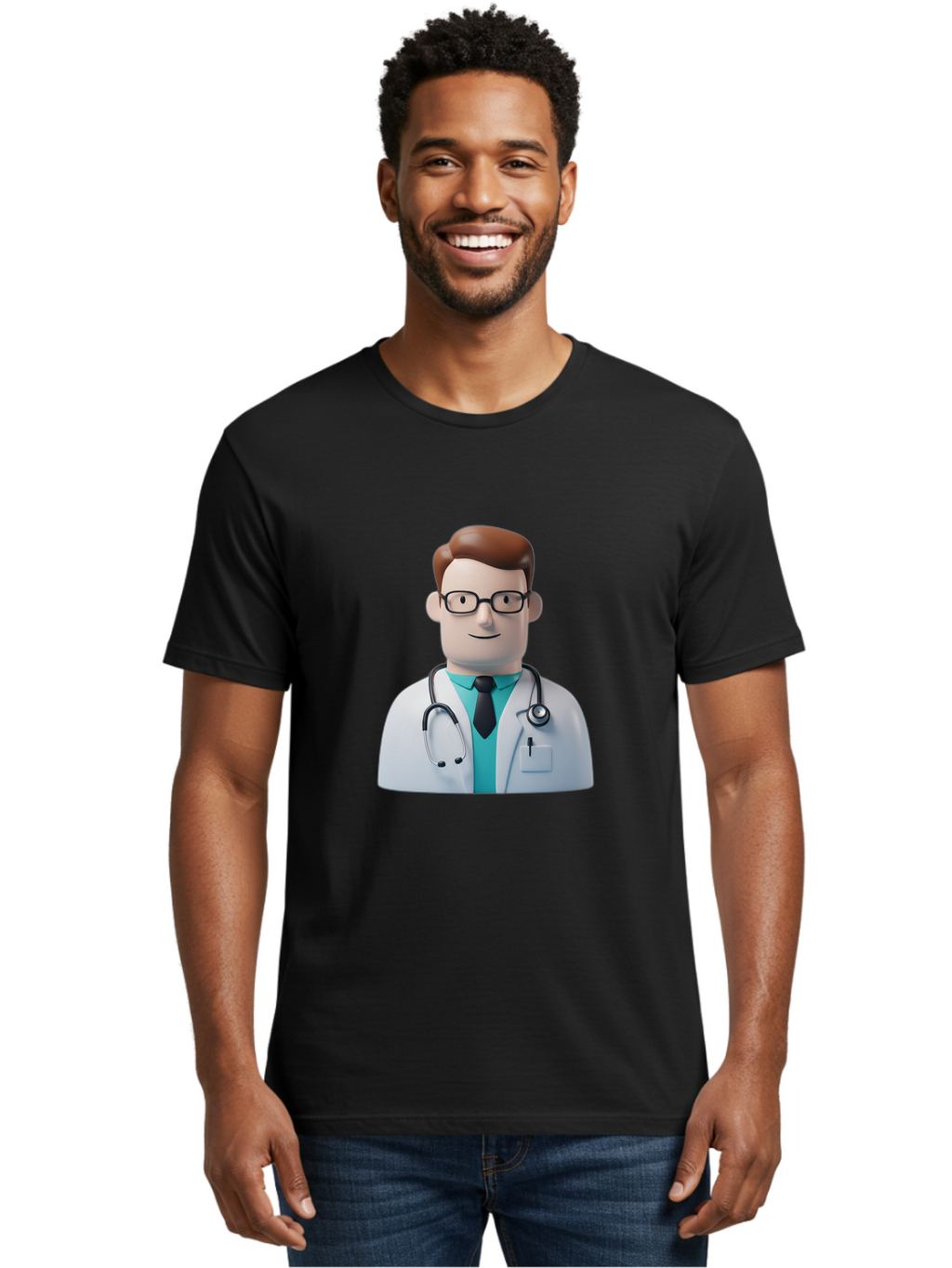 Doctor-Character-1 Men'S Graphic Tee, 100% Cotton, Comfortable Casual Summer Wear, Machine Washable, Male Doctor, White Lab Coat, Stethoscope, Black Tie, Blue Shirt, Friendly Smile, Medical Professional, Healthcare Provider, Doctor Character, Baa468